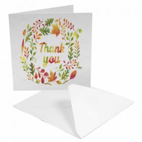 A circular wreath of green, yellow and orange leaves surrounds the thank-you message.