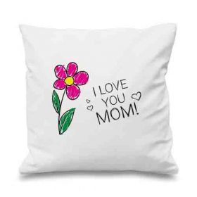 White I Love You Mom cushion with a pink flower and outlined hearts