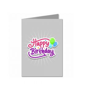 Pink and purple Happy Birthday script is accompanied by blue and green balloon accents. The rounded lettering and outlined flourish create a colourful alternative to the black calligraphy card.