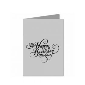 Ornate black Happy Birthday calligraphy is the focus of this greeting card. Long curved flourishes surround the wording, creating a simple design with a strong contrast against the plain background.