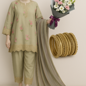 Green lawn schiffli 3pc stitched combo