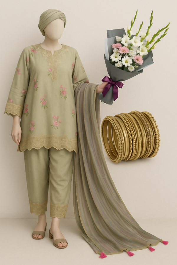 Green lawn schiffli 3pc stitched combo