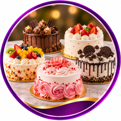 Cake collection with chocolate, fruit and celebration cakes
