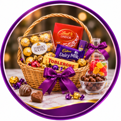 Purple and gold chocolate gift basket