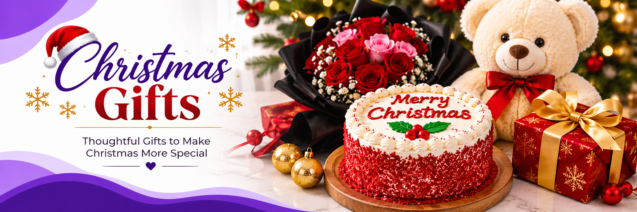 Christmas gifts with a cake, flowers and teddy bear