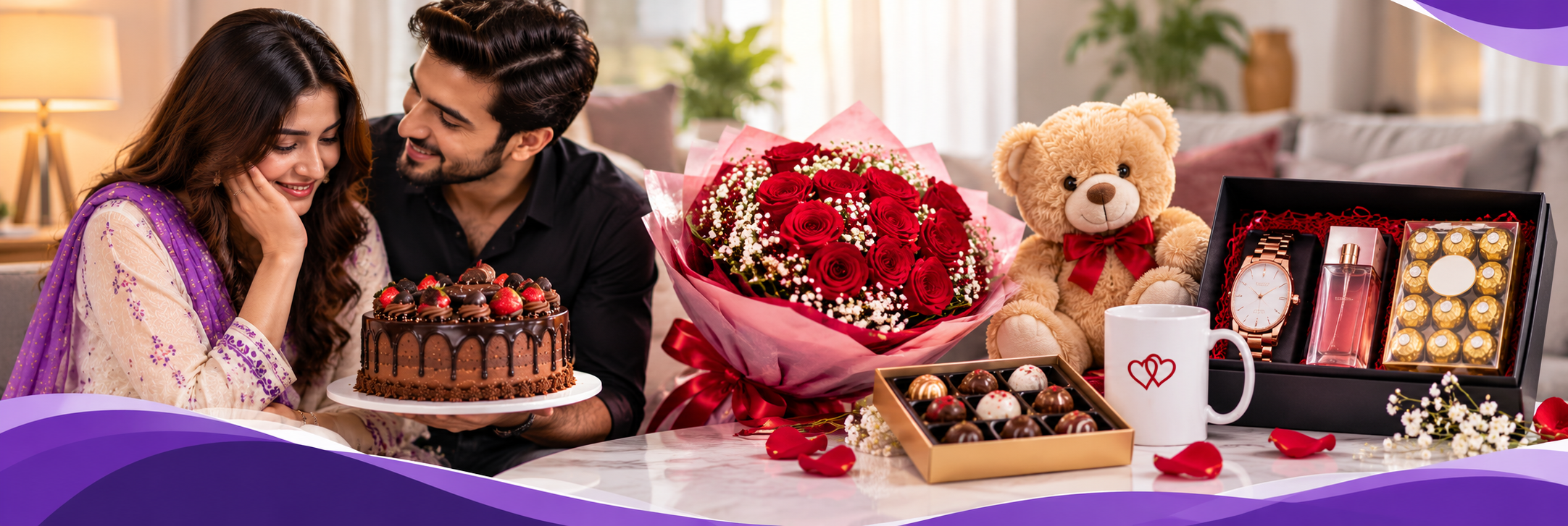 Gift combos with cake, roses, teddy bear, chocolates and a gift hamper