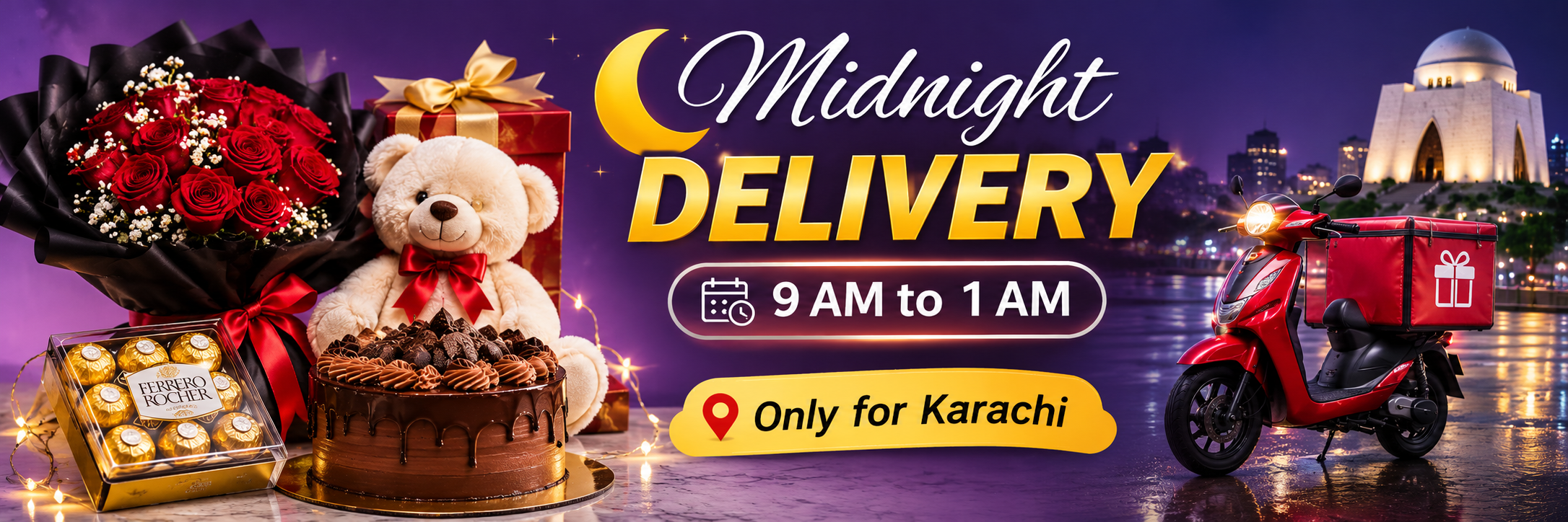 Midnight gift delivery in Karachi, 9 AM to 1 AM