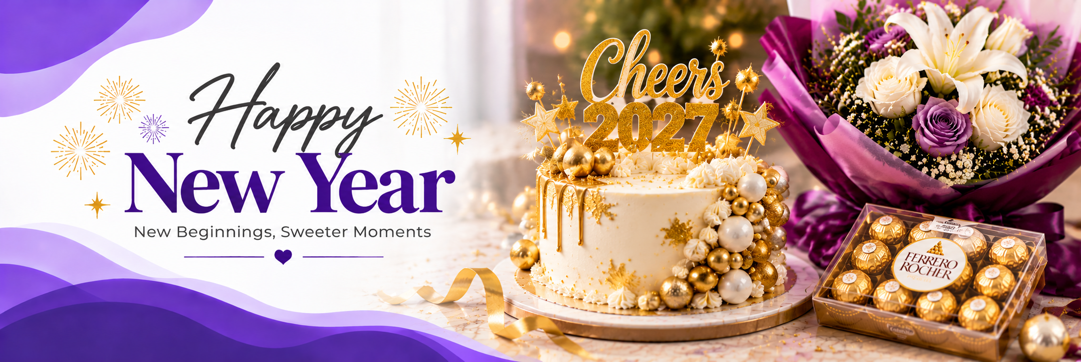 Celebrate New Year 2027 with cake and gifts
