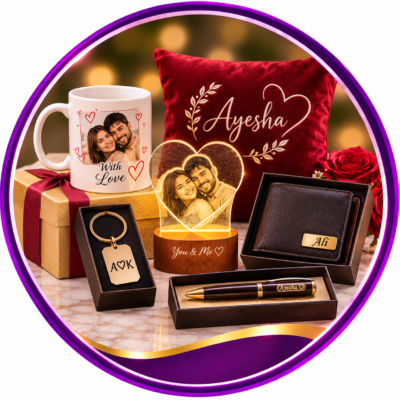 Personalized gift collection with photo mug, cushion, keepsakes and wallet