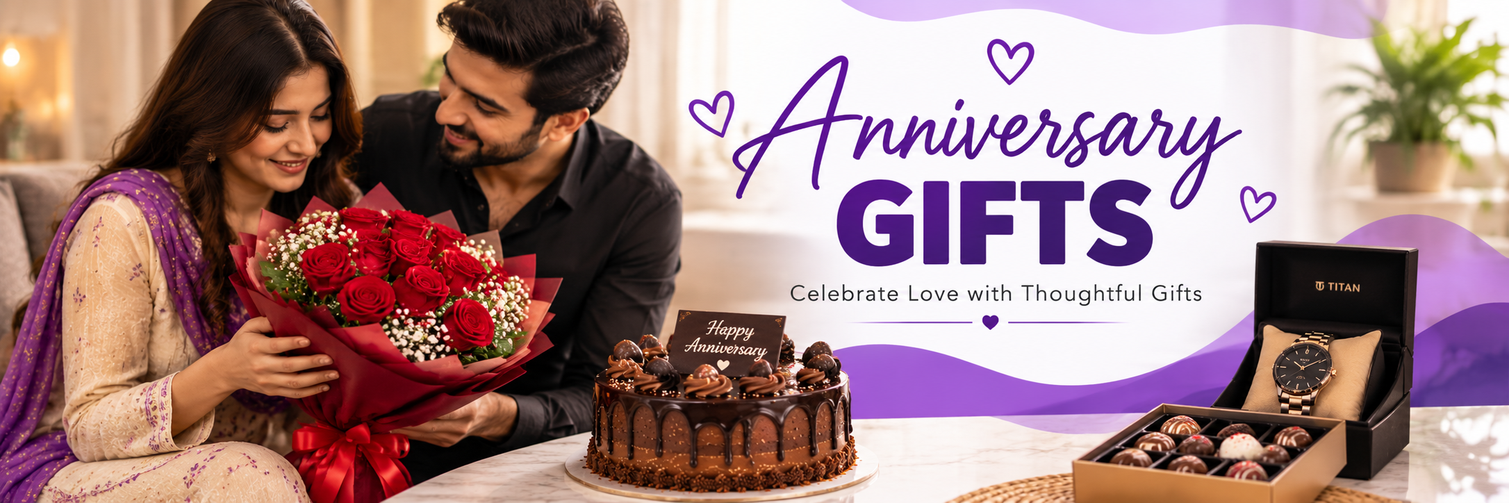 Anniversary gifts with roses, cake, chocolates and a watch